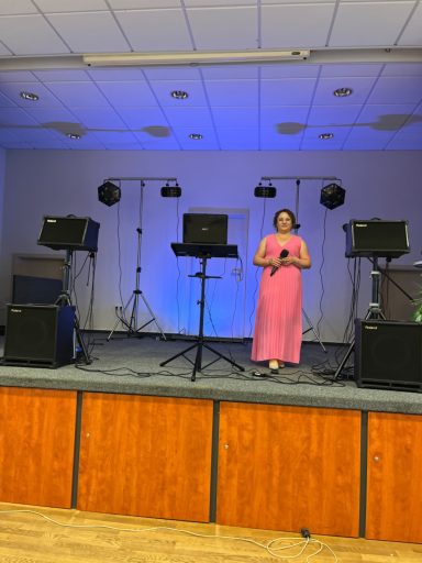 Frau in pinkem Kleid steht auf einer Bühne mit Lautsprechern und Beleuchtung.